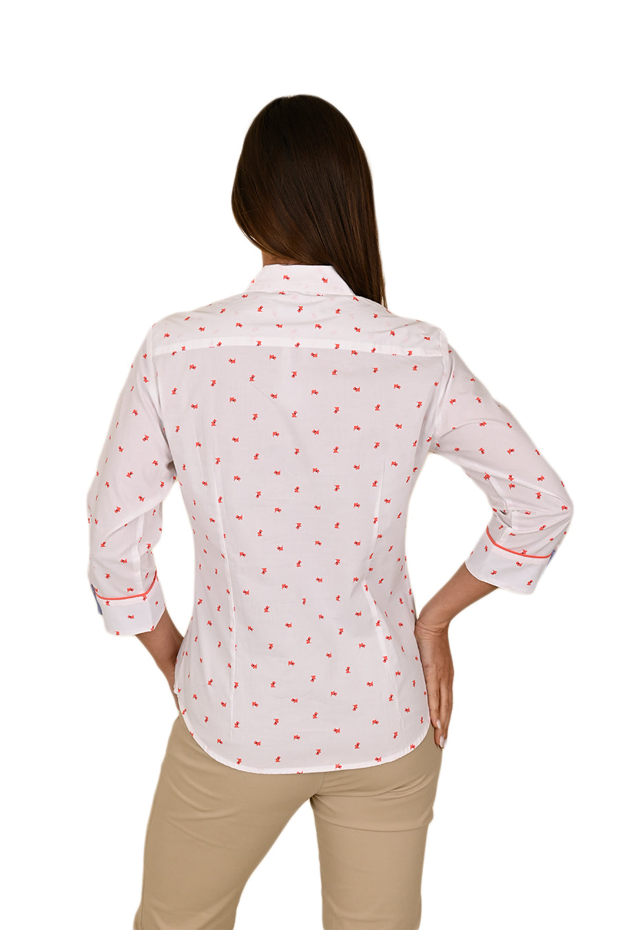 Vista trasera de blusa Ferrioni Internazionale blanca con estampado rojo y manga tres cuartos en algodón