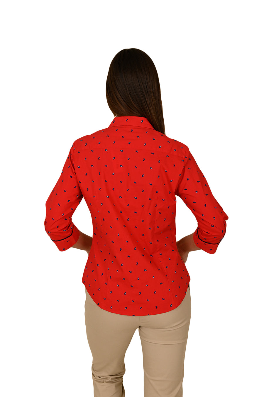 Vista trasera de blusa Ferrioni Internazionale roja con estampado pequeño, manga 3/4 y cuello camisero en algodón.