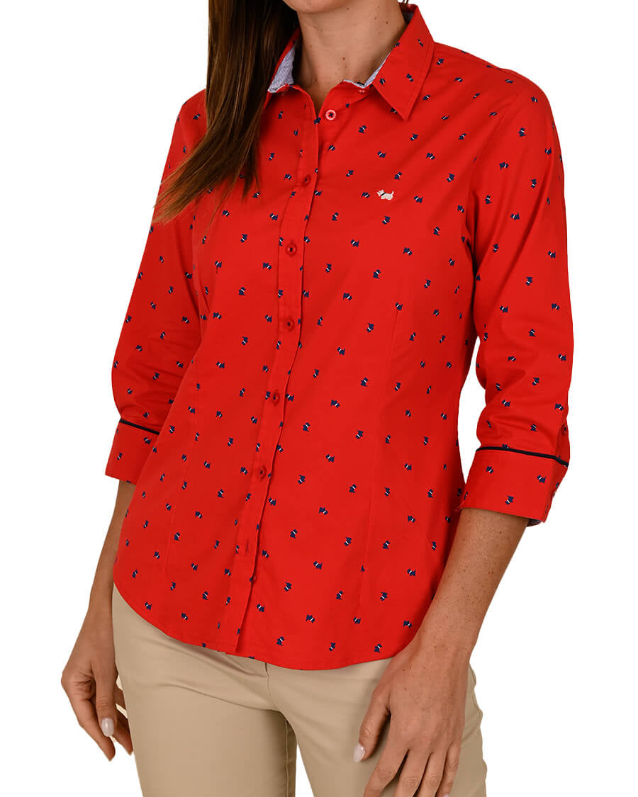 Blusa Ferrioni Internazionale Sammy roja de algodón con estampado pequeño, manga 3/4 y botones frontales